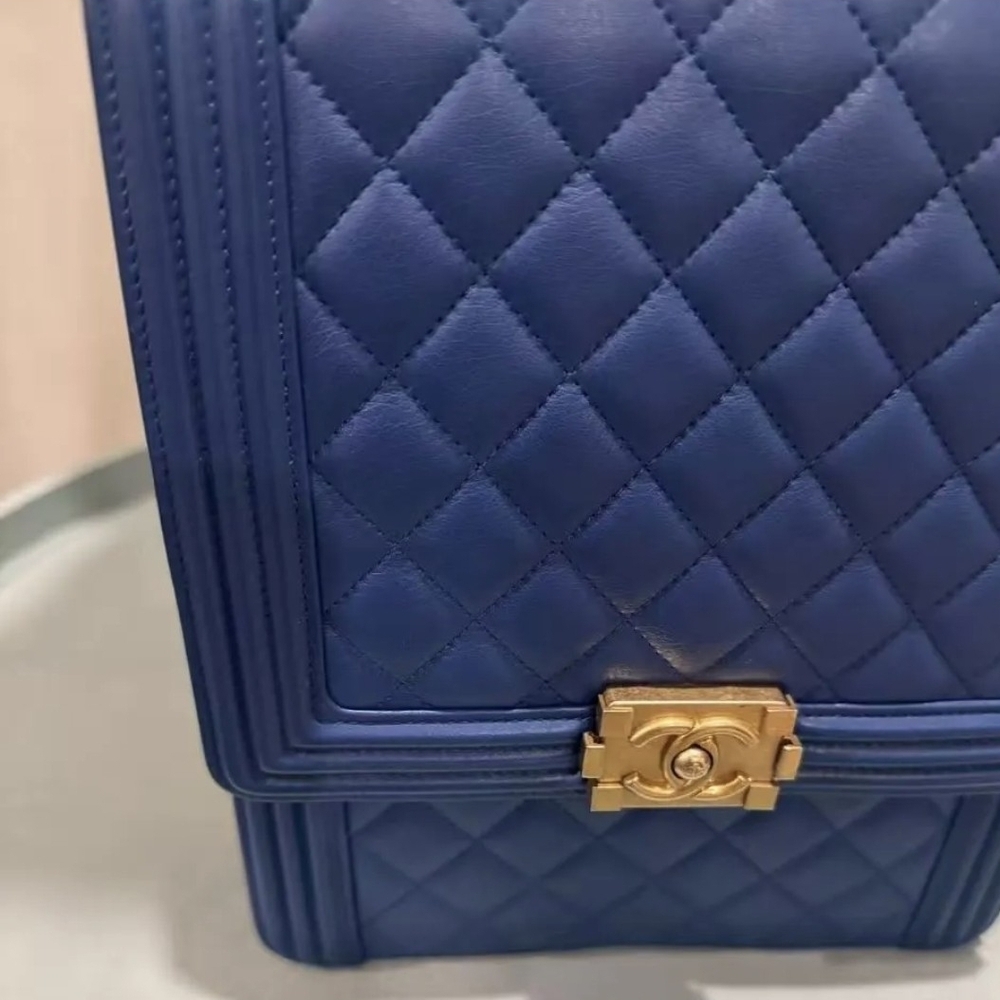 Chanel Boy North South Vertical Bag Blue Quilted Lambskin Gold HardwareAuthentic - Picture 4 of 17